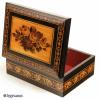  JB178:  A rosewood veneered Tunbridge ware box by T Barton, the slightly domed top inlayed with a display of roses depicted in micro mosaic,  framed by bandings of contrasting light and dark wood and particularly well matched geometric micro mosaic; there is a further banding of Berlin wool work Design encircling the box. The inside is lined with its original red paper. Circa 1850. 